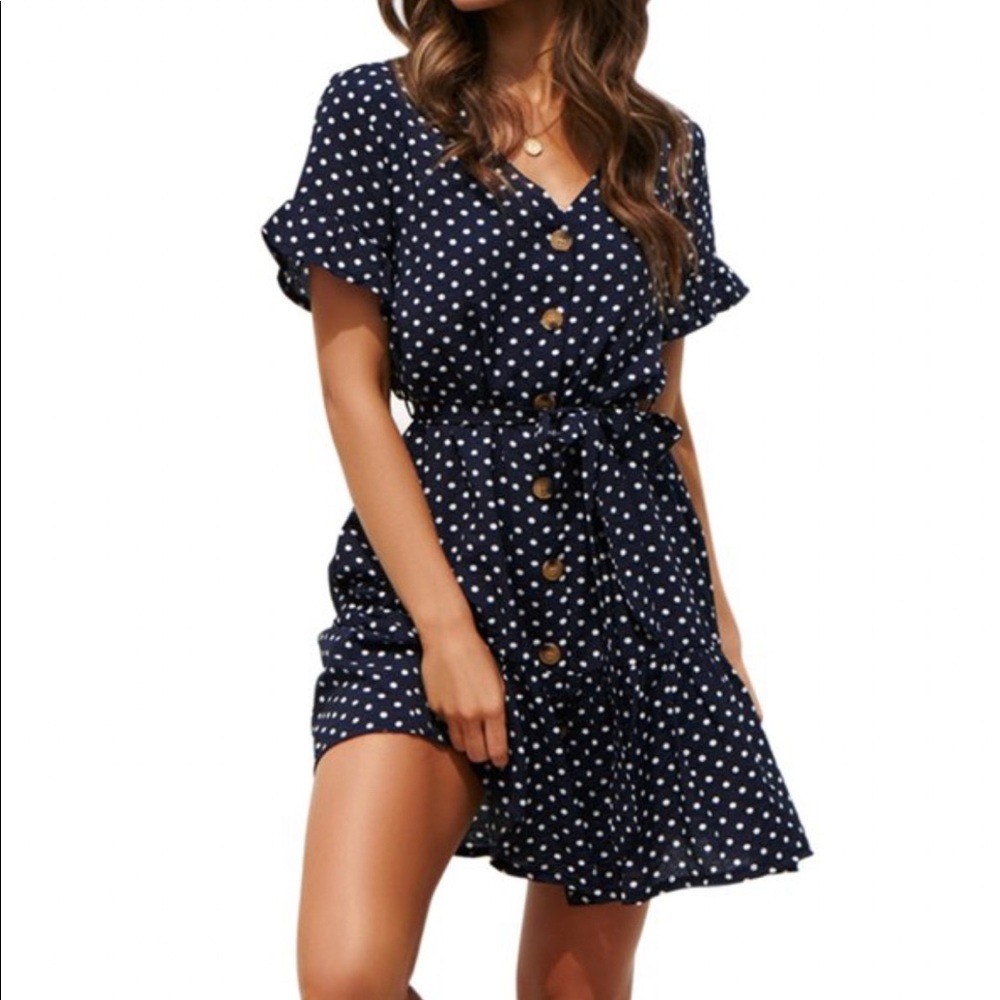 Blue ruffled polka dot vintage inspired dress Size L